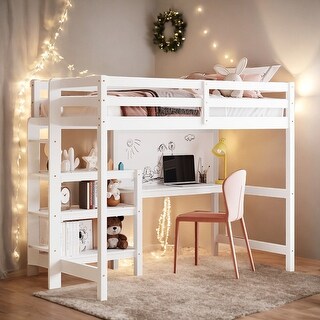 Twin Size Wooden Loft Bed with Shelves, Desk and Writing Board, White