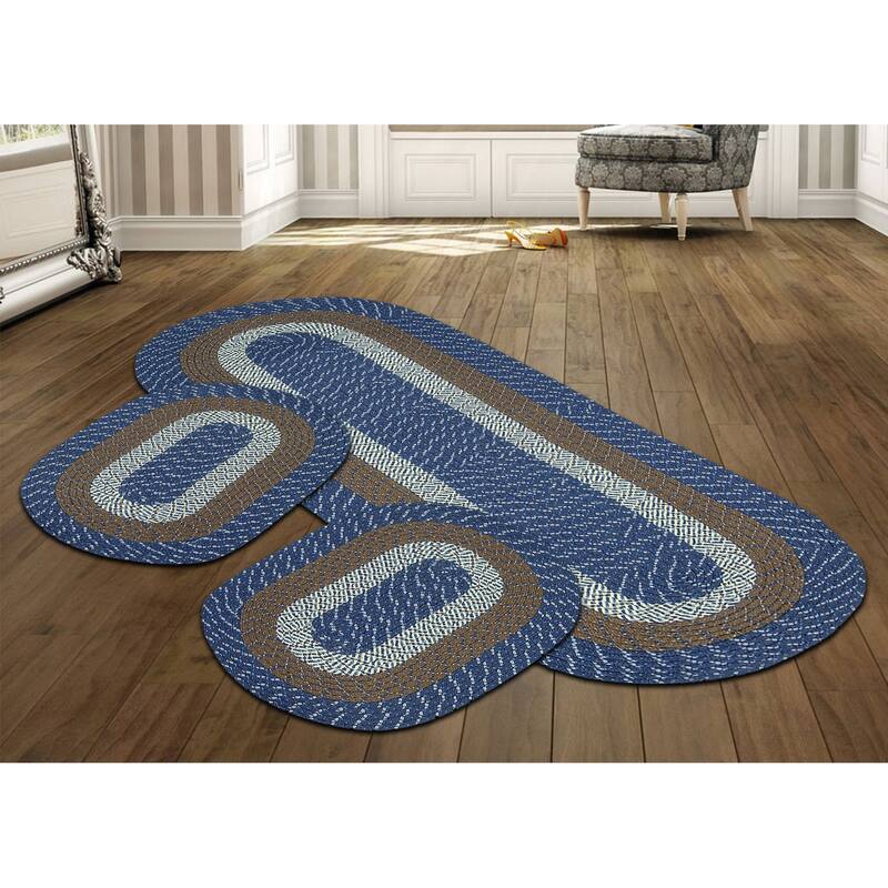 Better Trends Country Braid 100% Polypropylene 3 Pc Set Stain Resistant, Double Sided Reversible Indoor Area Utility Rug - 3 Piece Set (20" x 30" | 24" x 72" | 20" x 30") - Chambray Stripe
