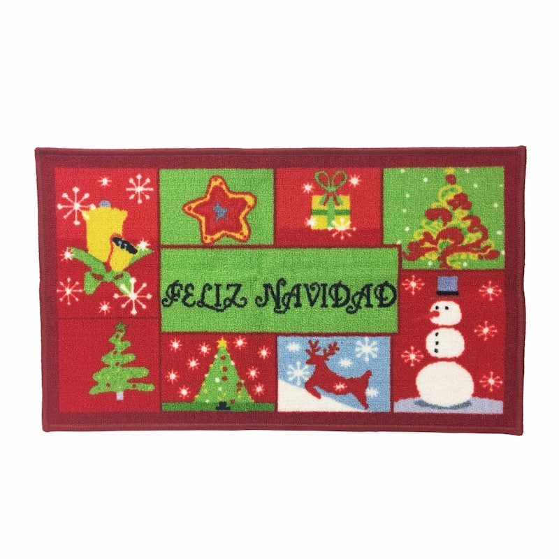 Christmas Design Kitchen Rug - Santa, Reindeer, Snowman, Poinsettia With Latex Backing - Feliz Navidad - 18"x30" Rectangle