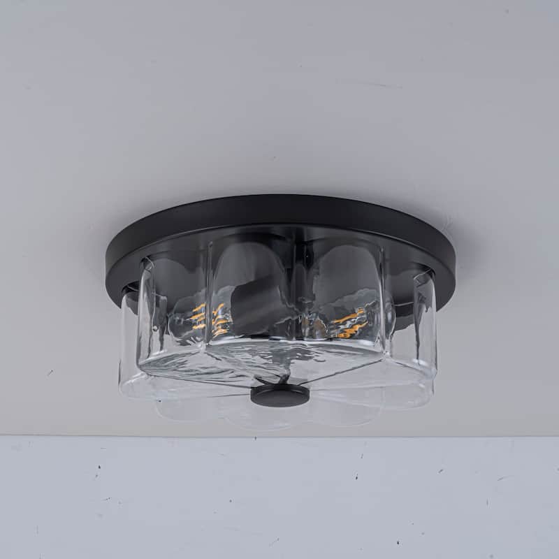 2-light Modern Farmhouse Matte Black Flush Mount Ceiling Light with Clear Flower-Shaped Glass Shade