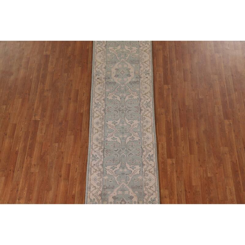 Green Oushak Indian Runner Rug Hand-knotted Wool Carpet - 2'6"x 9'11"