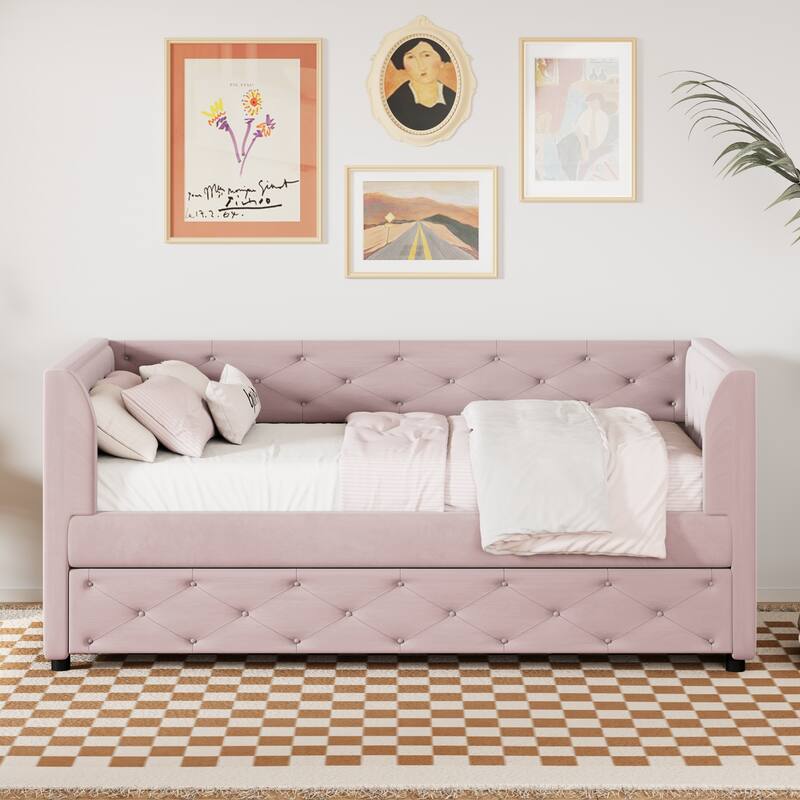 Twin Velvet Tufted Daybed with Trundle & Storage - 400LB Capacity