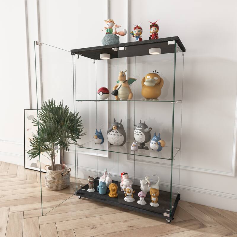Modern Glass Display Cabinet with LED Lights, Quick-Assembly 2-Door Bookcase with Tempered Glass & Black Frame