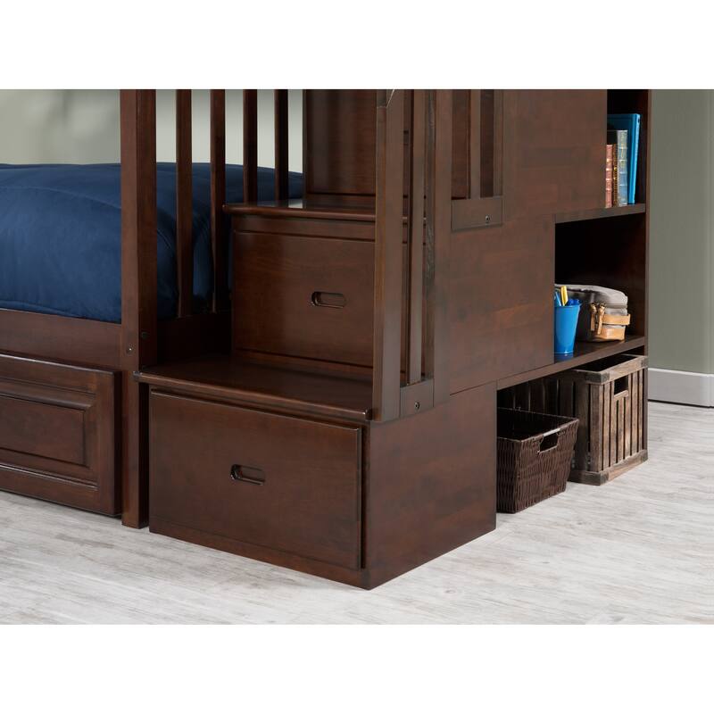 AFI Columbia Twin over Full Size Staircase Bunk Bed with Bed Drawers & Charging Station in Walnut