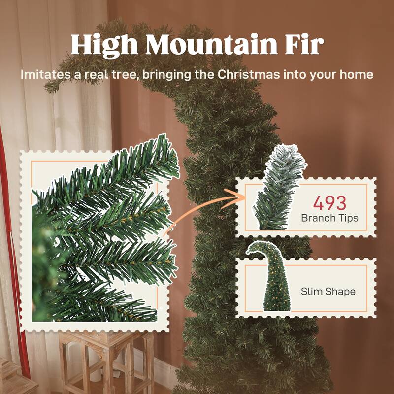 6 ft Prelit Bent Top Christmas Tree, Whimsical Xmas Tree Slim High Mountain Fir with 200 LEDs and Metal Stand
