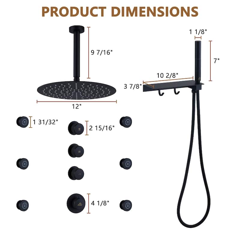 CASAINC Thermostatic 12 inch Rainfall Showerhead with Handheld Spray & 6 Body Jets Set(Can All Run Together) Rain Shower System