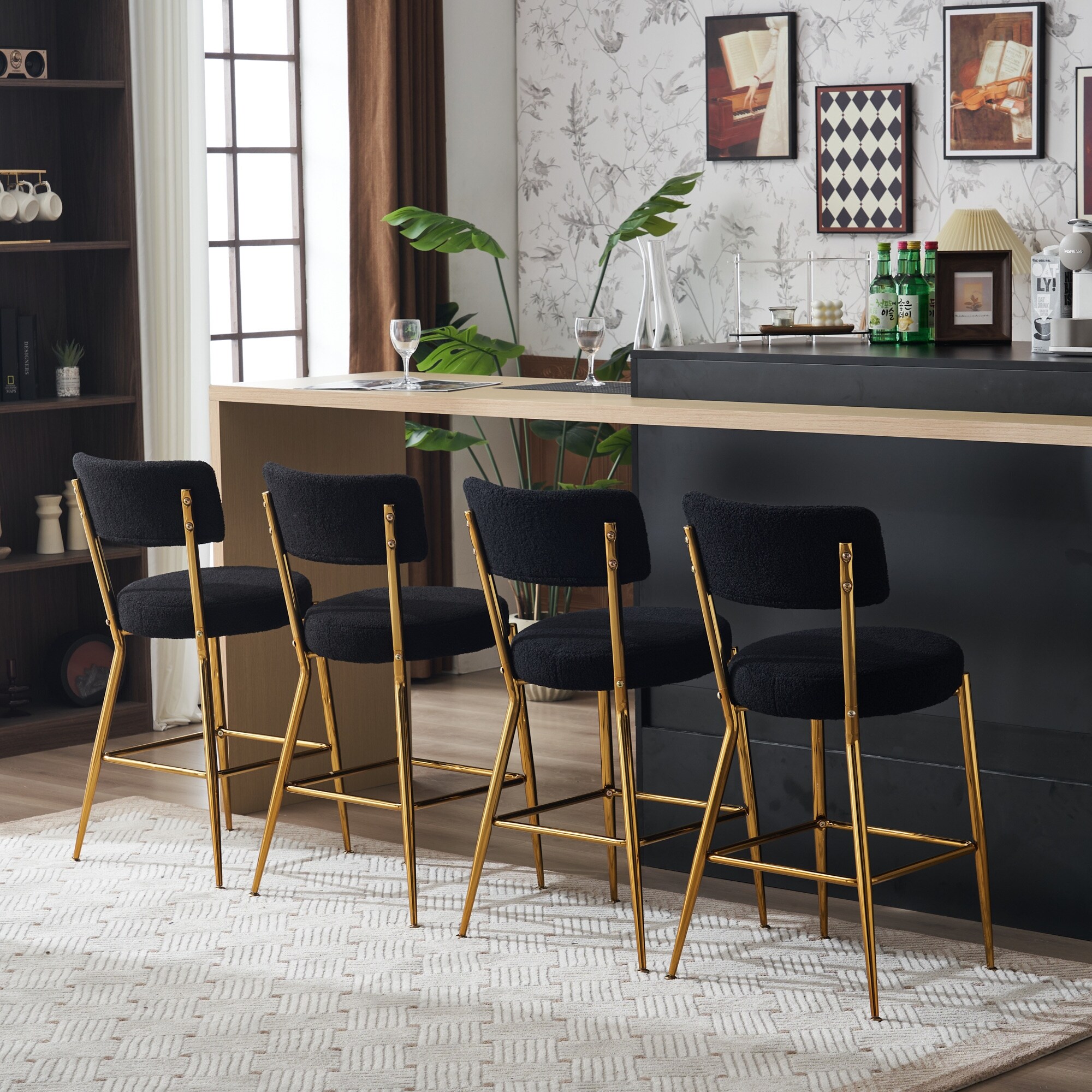 Set of 2 Modern teddy fabric upholstered bar stools Black 2