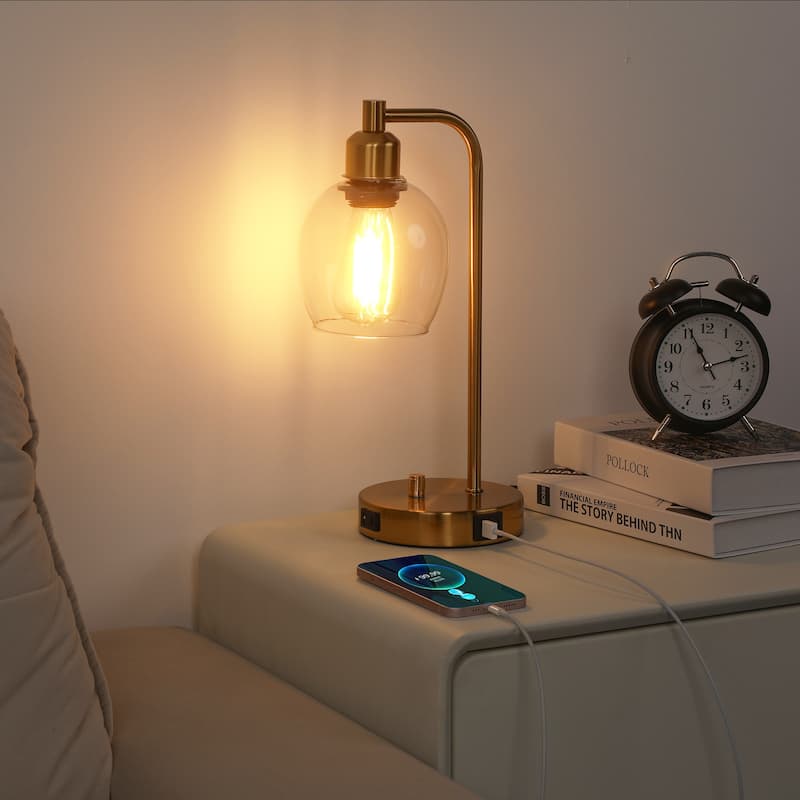 14.5 in. Industrial Table Lamp with Glass Shade with USB Port and Outlet