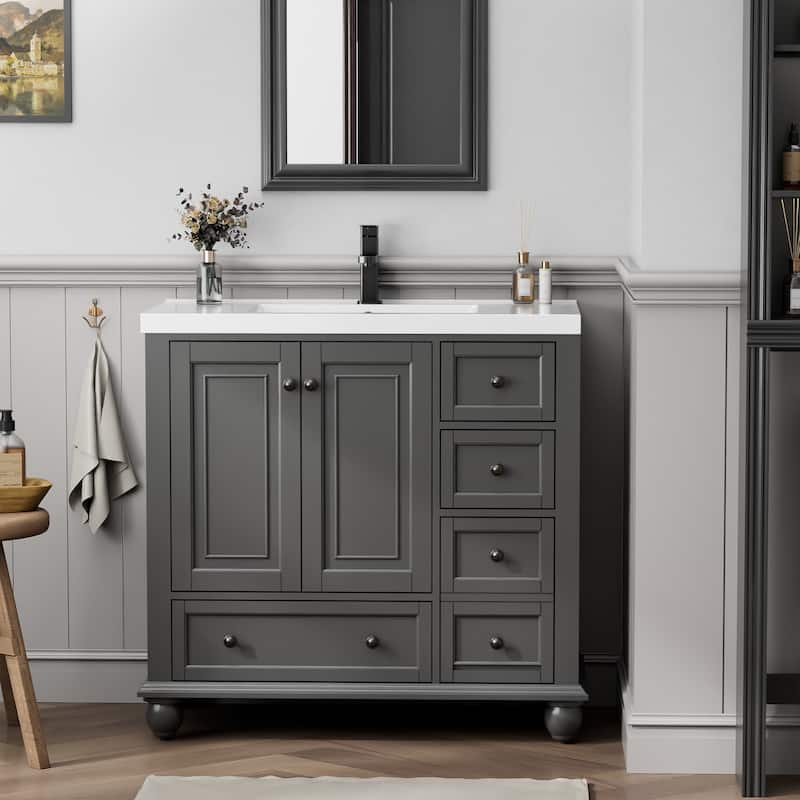 Retro Bathroom Vanity Cabinet Solid Wood Classic with Ceramic Sink - 36 in - Grey