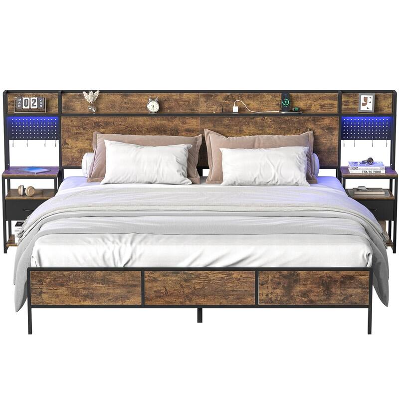 Anmytek Rustic Brown Queen/King Bed Frame with 2 Sliding Nightstands - Bookcase Storage Headboard - King - Brown