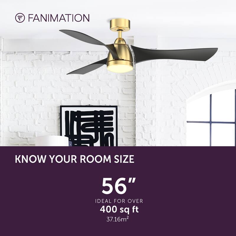 Fanimation Klear 56 inch Indoor/Outdoor Smart Ceiling Fan with LED CCT Select Light Kit and Remote - Brushed Satin Brass & Black