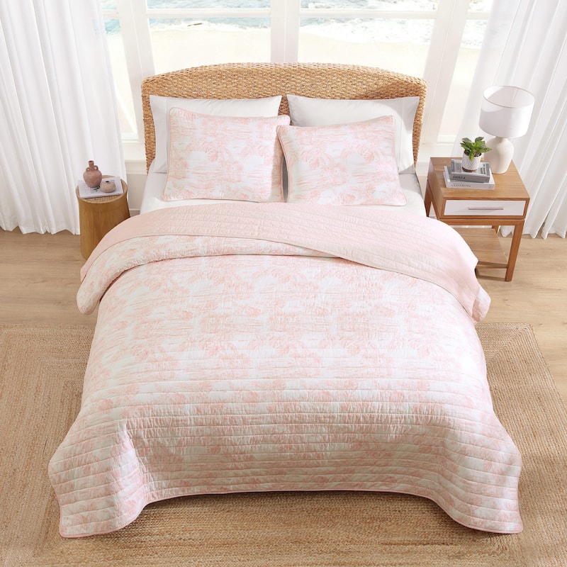 Tommy Bahama Beach Bluff Toile Cotton Reversible Pink Quilt Set