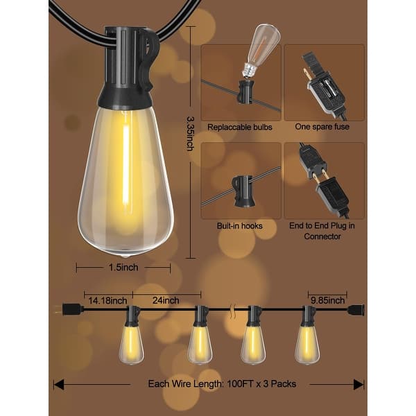 Upgraded LED Outdoor String Lights – 100Ft, Shatterproof ST38 Vintage Edison Bulbs, Waterproof, Connectable, For Patio, Garden, Christmas & Parties