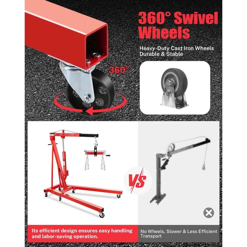 2-Ton Shop Crane, Hydraulic Folding Engine Hoist w/6 Steel Casters