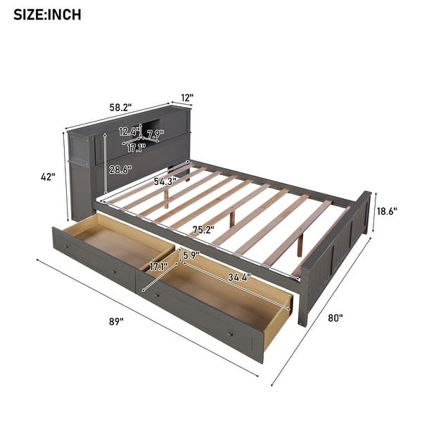 dimension image slide 1 of 2, Full Platform Bed with 2-Drawers, Storage Headboard and Sliding Door, Grey