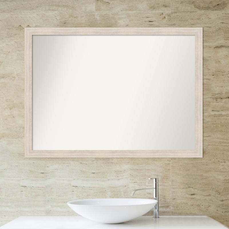Non-Beveled Wood Bathroom Wall Mirror - Hardwood Whitewash Narrow Frame