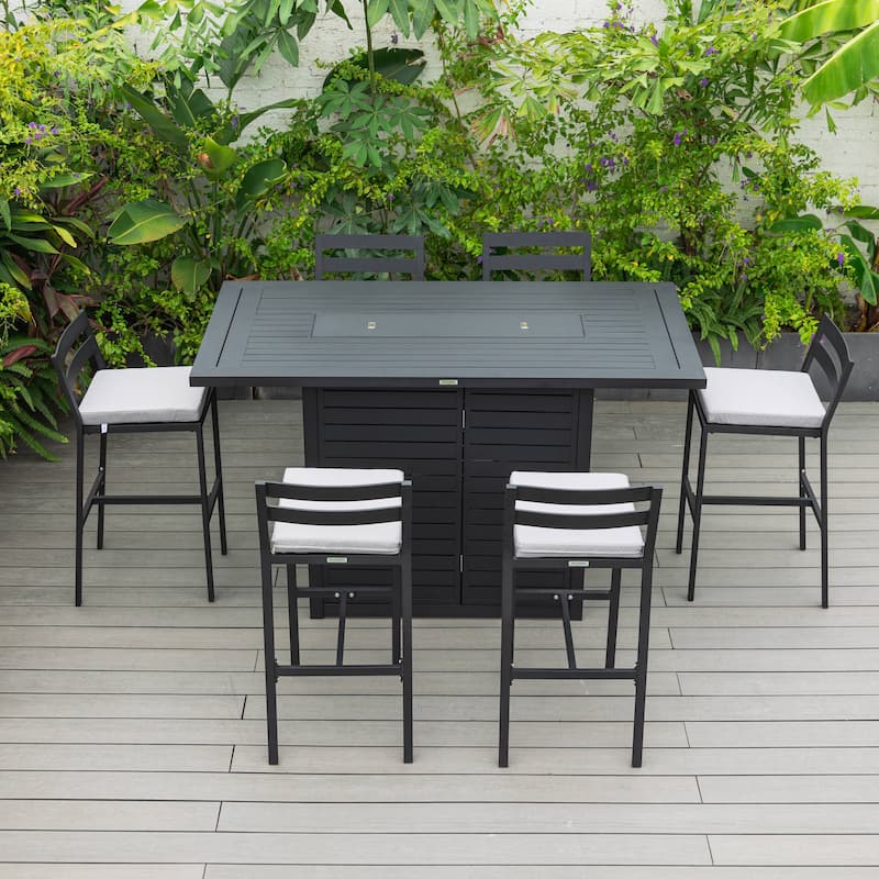 7-Piece Outdoor Patio Bar Height Dining Set in Aluminum with Rectangular Fire Pit Table and 6 Barstool