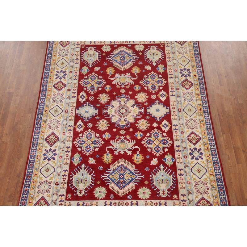 Hand Knotted Oriental 100% Wool Carpet Traditional Geometric Red Kazak Area Rug - 9' 11'' X 6' 5''