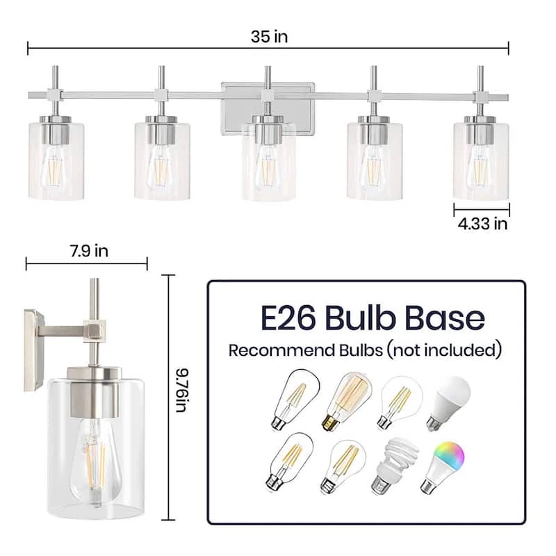 Jasper Brushed Nickel Clear Glass 5-Light Bathroom Vanity Light