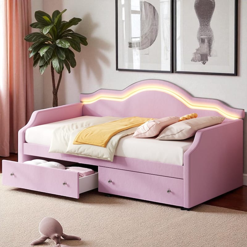 Twin/Full Size Upholstered Daybed with LED Lights, 2 Storage Drawers, Velvet Frame, No Box Spring Required