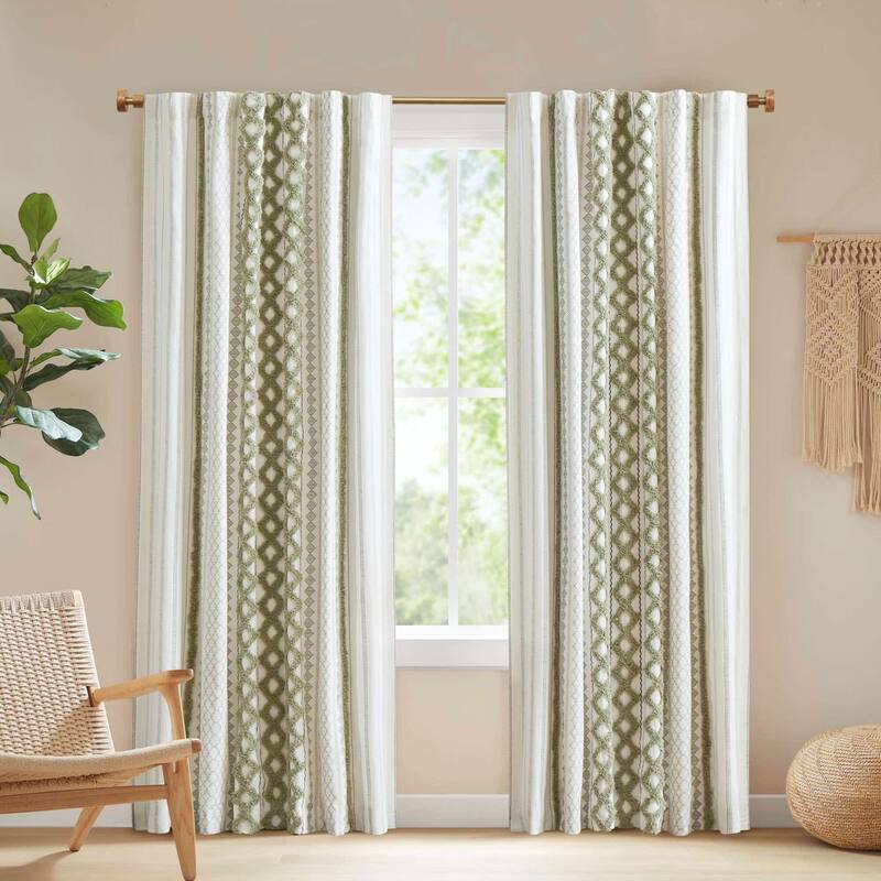 1-Panel 50"W Cotton Geometric Print Curtain Panel with Chenille Stripe - 50"W x 95"L - Green