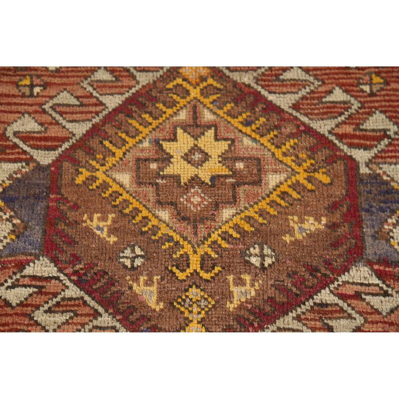 Hand Knotted Oriental 100% Wool Carpet Traditional Geometric Oranges & Rust Heriz Runner Rug - 12' 11'' X 3' 9''