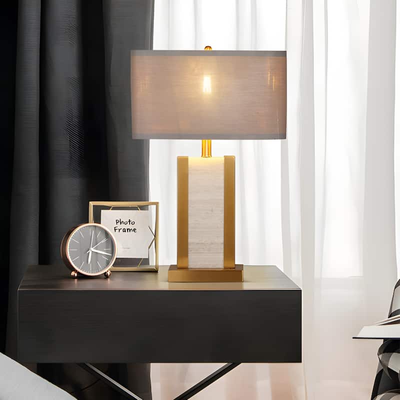 Natural Alabaster Stone Desk Lamp, Travertine Gold Metal Table Light, Pale Gray Shade Mid-Century Modern - N/A - Gold