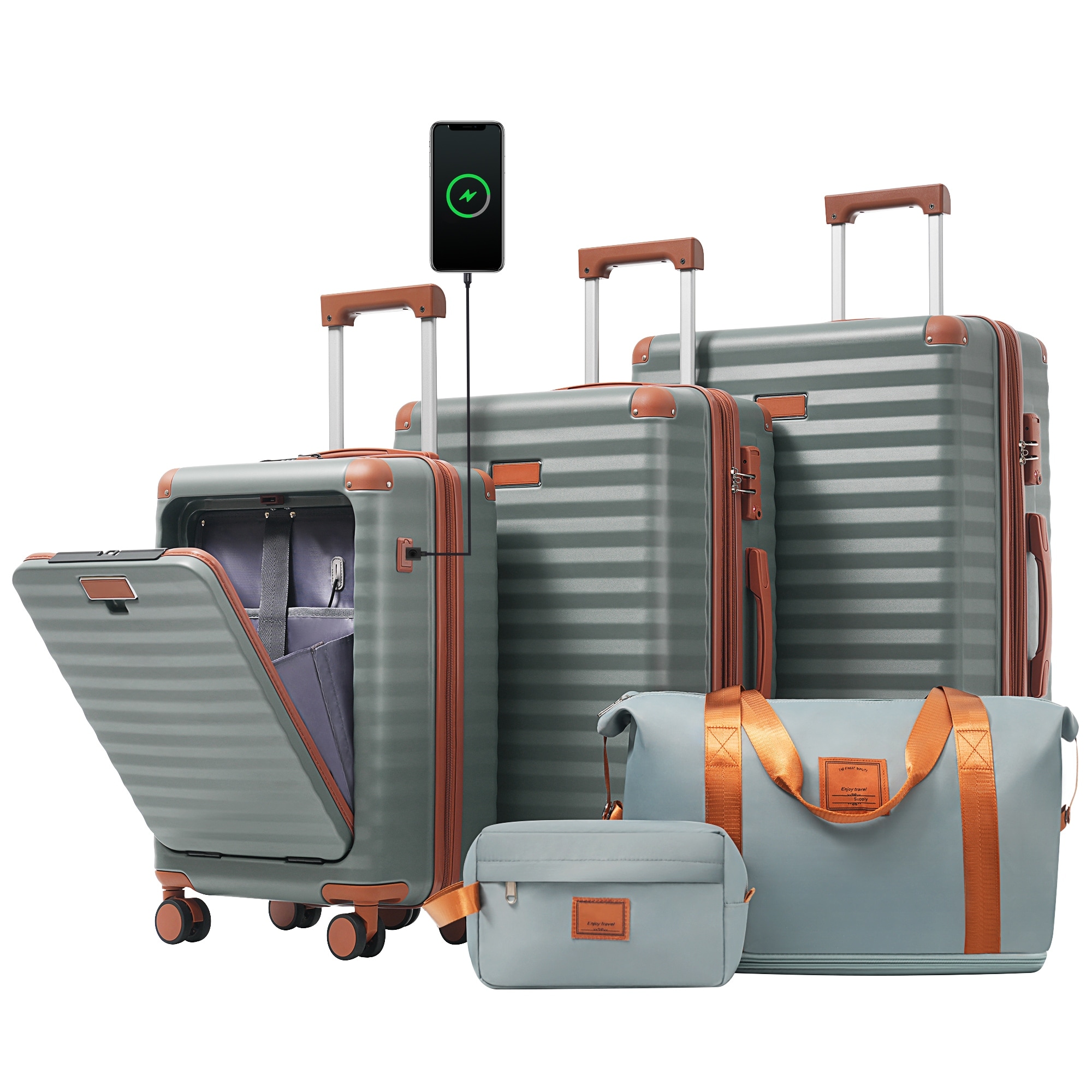 Luggage Sets 5 Piece with Front Opening, Hardside Expandable Carry on Suitcase, with Spinner Wheels, TSA Lock, USB Port