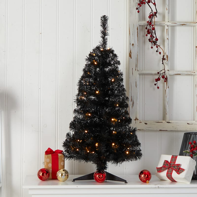 3ft. Black Artificial Christmas Tree with 50 LED Lights & 118 Branches - Modern Festive Holiday X-Mas Accent
