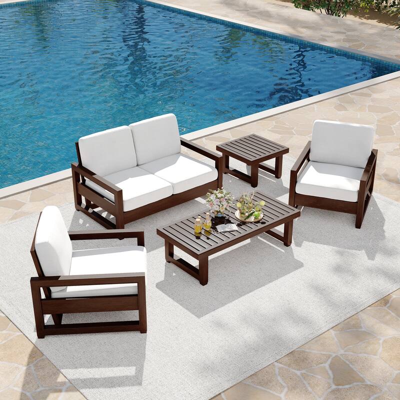 5-Piece Patio Wood Conversation Set with Loveseat, Chairs and Tables