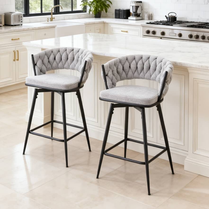 Set of 2 Swivel Bar Stools with Light Gray Linen Cushions & Black Iron Frame for Kitchen & Pub