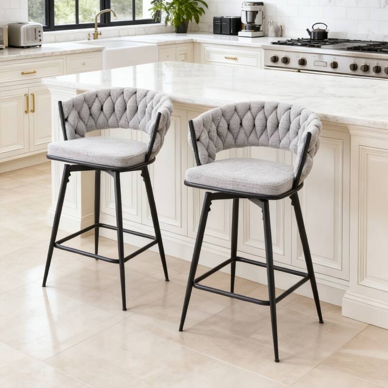 Set of 2 swivel bar stools with breathable cotton and linen soft cushions, electroplated metal frames without rust
