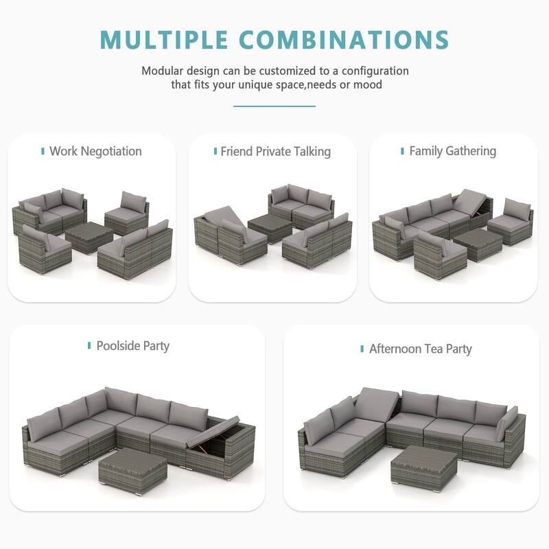 7-Position Adjustable Patio Sectional Sofa Set, 7-Piece All-Weather Rattan Furniture for Garden Backyard - N/A