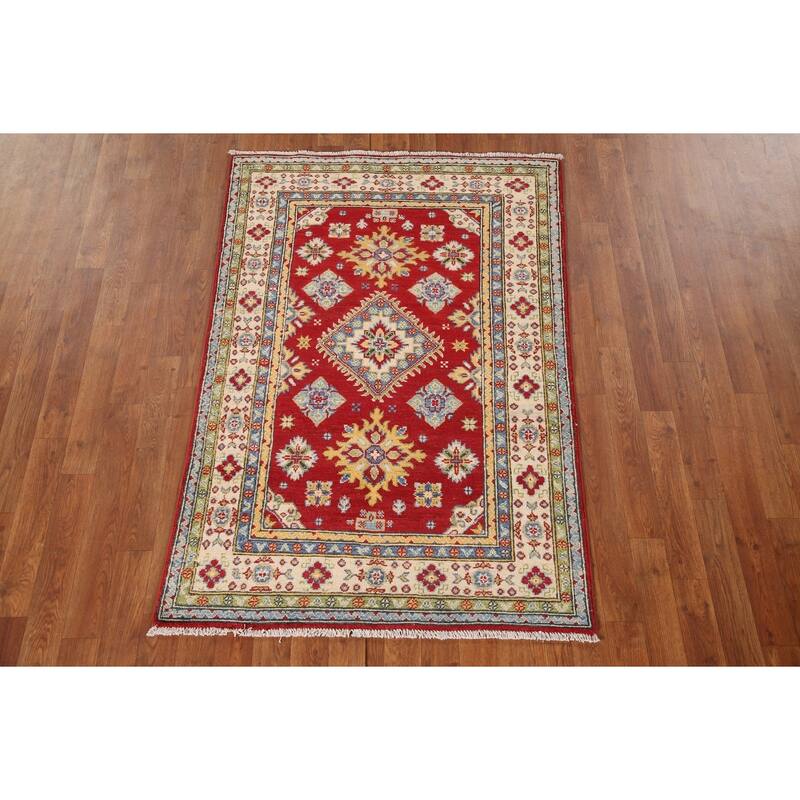 Red Kazak Oriental Accent Rug Handmade Wool Carpet - 3'4"x 4'10"