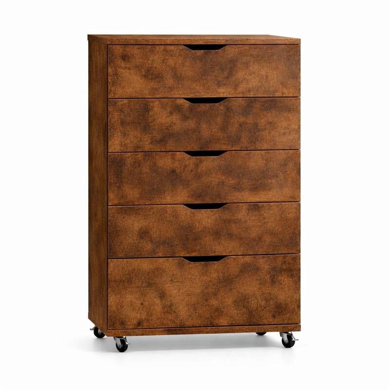 5 Drawer Dresser on Wheels Rustic Brown Rolling Chest of Drawers Storage Cabinet for Bedroom Closet, Wide Drawer Organizer