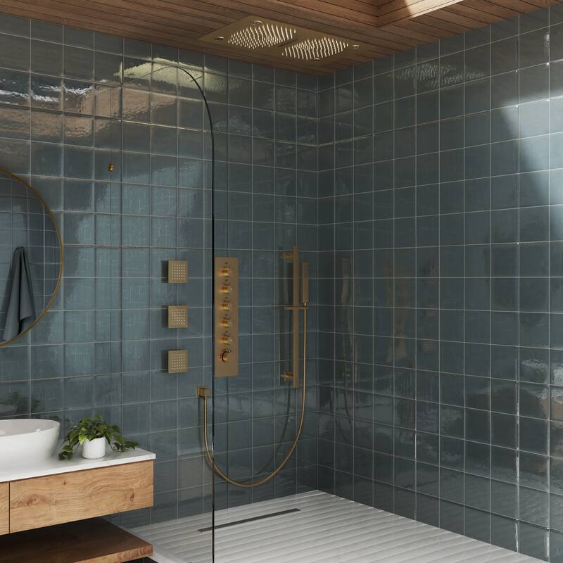 Luxury 5-Spray Patterns 28 in. Ceiling Mount Shower System with Handheld Shower Head, 3 Body Jets, LED, and Music - 16" x 28"