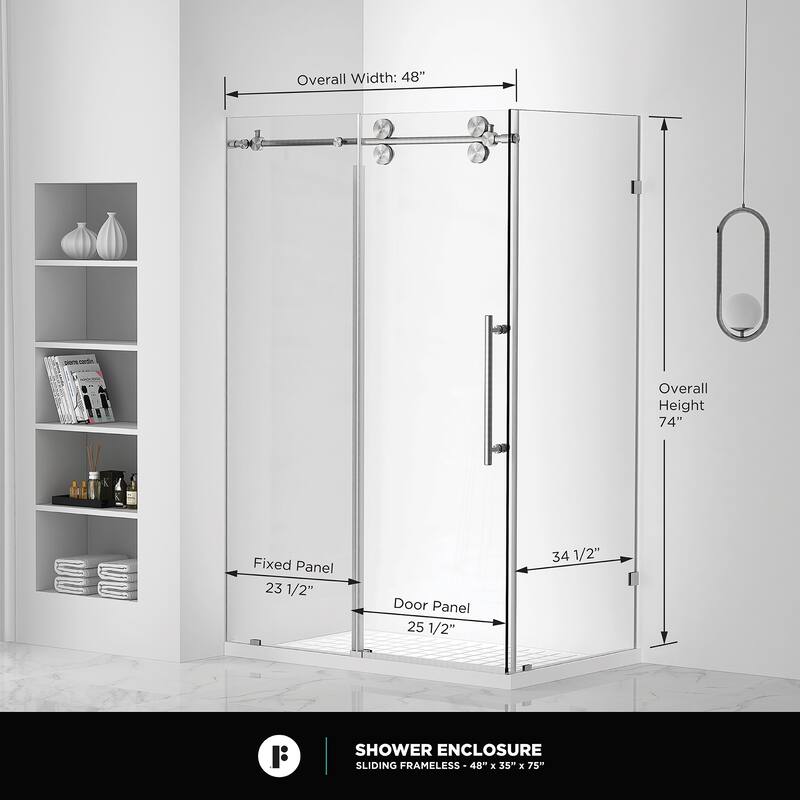 Fine Fixtures Frameless Shower Enclosure Sliding Shower Glass Door - Tempered Glass
