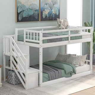 Stylish & Simple Twin over Twin Floor Bunk Bed, 2 Side Ladders with Storage, Staircase with Banisters, For Smaller Rooms, White