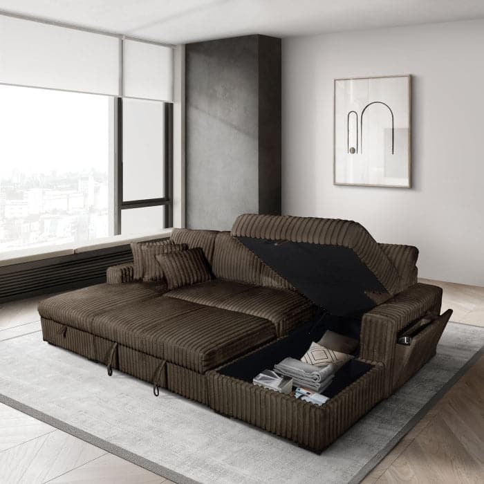 Modern U-Shaped Sectional Sofa Bed with Storage Chaises, USB Port, Wireless Charger and Pillows