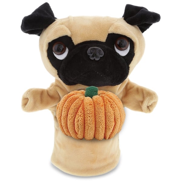 slide 2 of 6, DolliBu Pug Dog Hand Puppet Stuffed Animal with Pumpkin Plush Decor - 10 inches