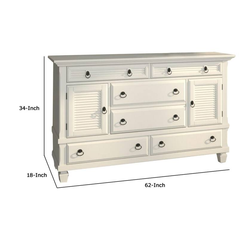 62" White Pine Wood Dresser with 6 Drawer and 2 Cabinet