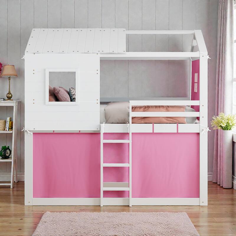 Twin/Full Wood House Bunk Bed with Tent, Playhouse Design, Windows & Roof, Solid Wood Frame, No Box Spring Required - Pink White - Twin