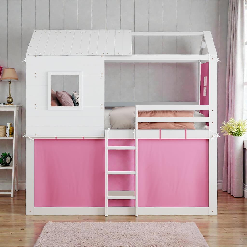 Twin/Full Wood House Bunk Bed with Tent, Playhouse Design, Windows & Roof, Solid Wood Frame, No Box Spring Required