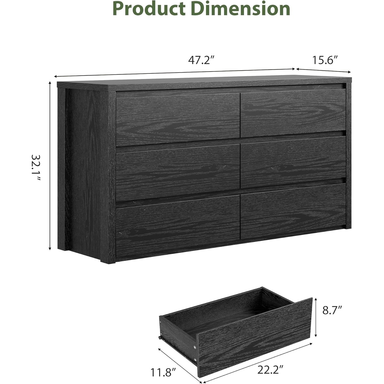 Vintage Black Farmhouse 6-Drawer Handle-Free Dresser