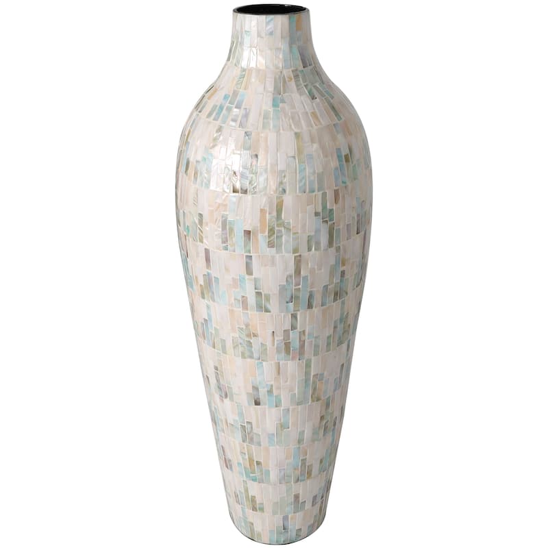 White Mother of Pearl Shell Handmade Mosaic Inspired Decorative Vase with Pastel Blue and Pink Accents
