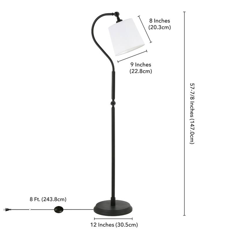 57" Black Arched Floor Lamp with White Drum Shade and Frosted Glass Foot Switch, Linen Fabric - 57" H x 12" W x 12" D