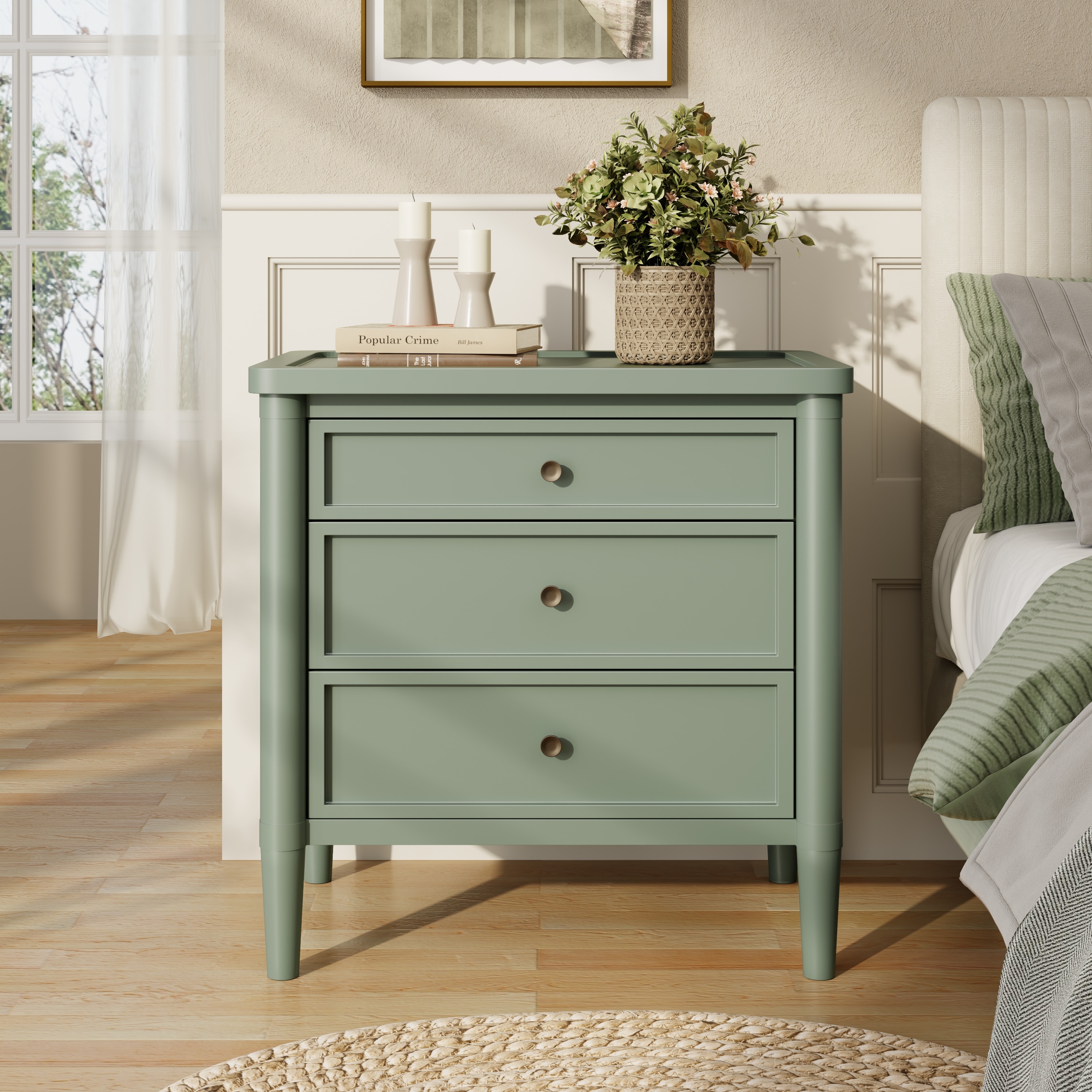 Christopher Knight Home - Modern Minimalist 23.62" Nightstand with Roller Glide Drawers & Solid Wood Legs, Versatile Home Use