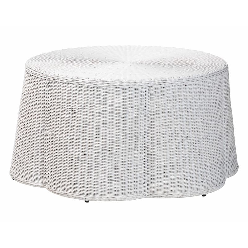 Palm Scalloped Rattan Coffee Table - Handwoven Wicker Round Accent Table for Living Room Patio or Sunroom, Coastal Style
