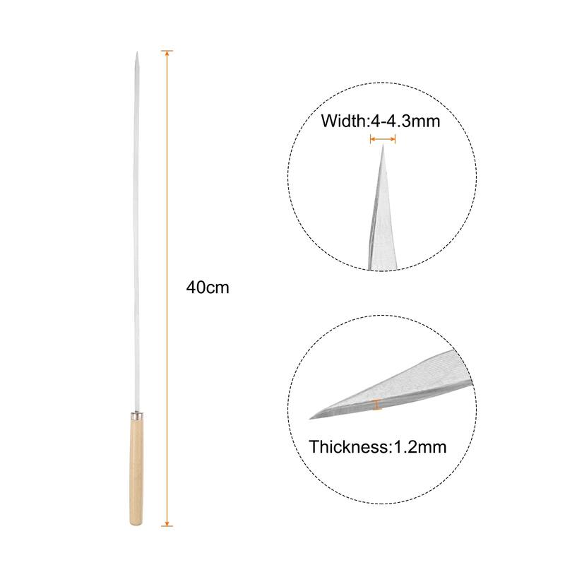 16pcs Kebob Skewers 34cmx4.3mmx1.2mm Flat Sticks with Wood Grip Handle - 40cmx4.3mmx1.2mm - Silver