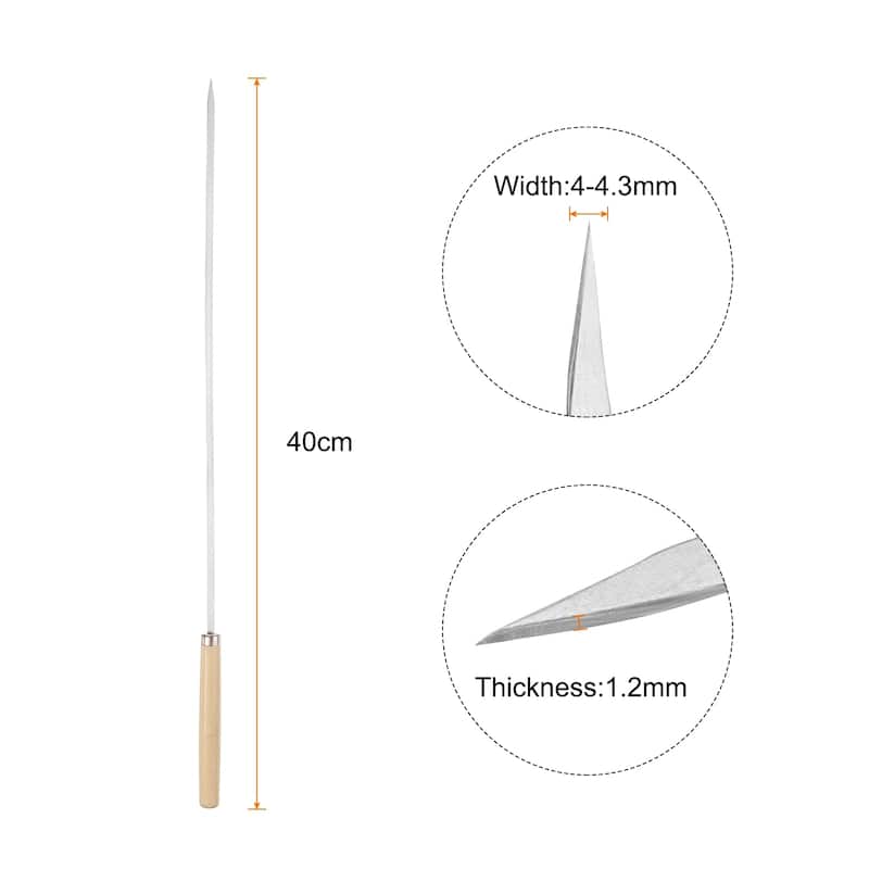 6pcs Kebob Skewers 40cmx4.3mmx1.2mm Flat Sticks with Wood Grip Handle - Silver